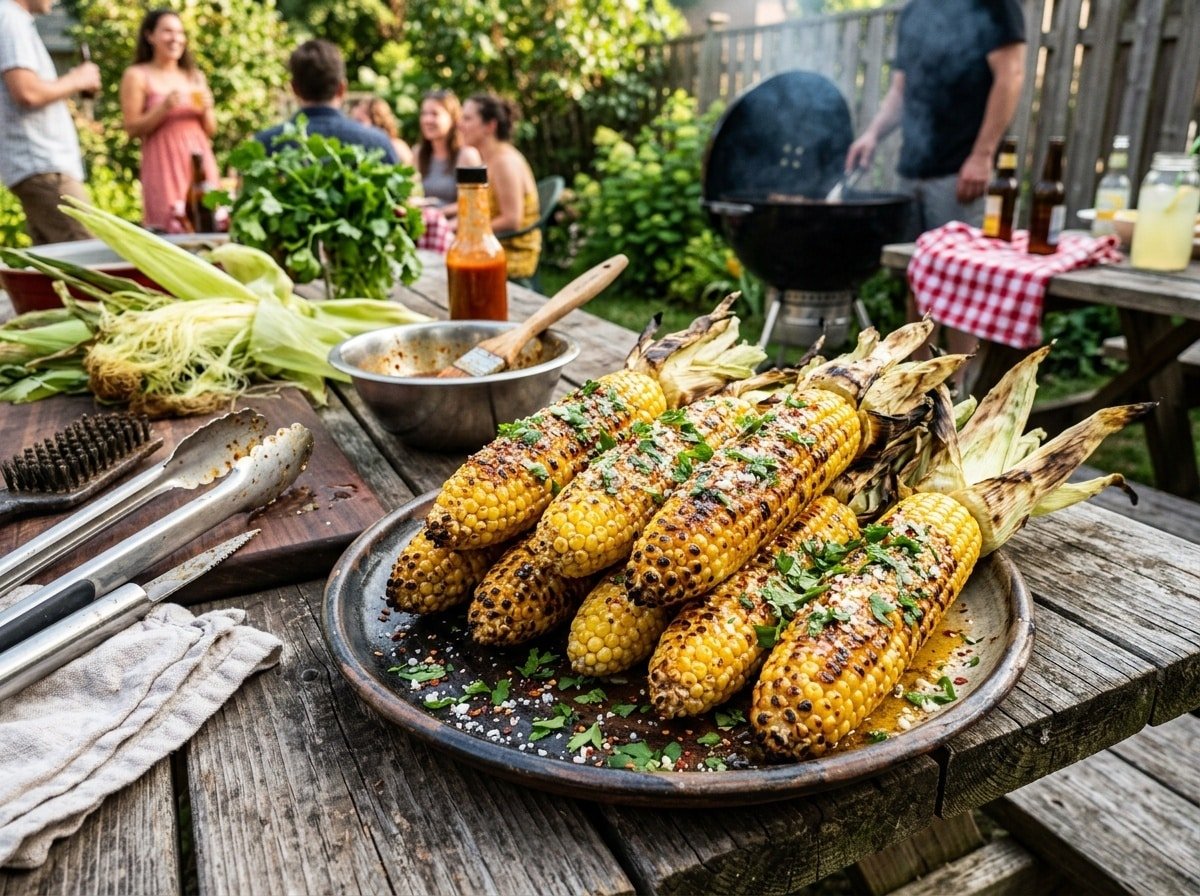 Grilled corn on the cob topped with chili butter, on a rustic platter, ready to be served at a summer BBQ.