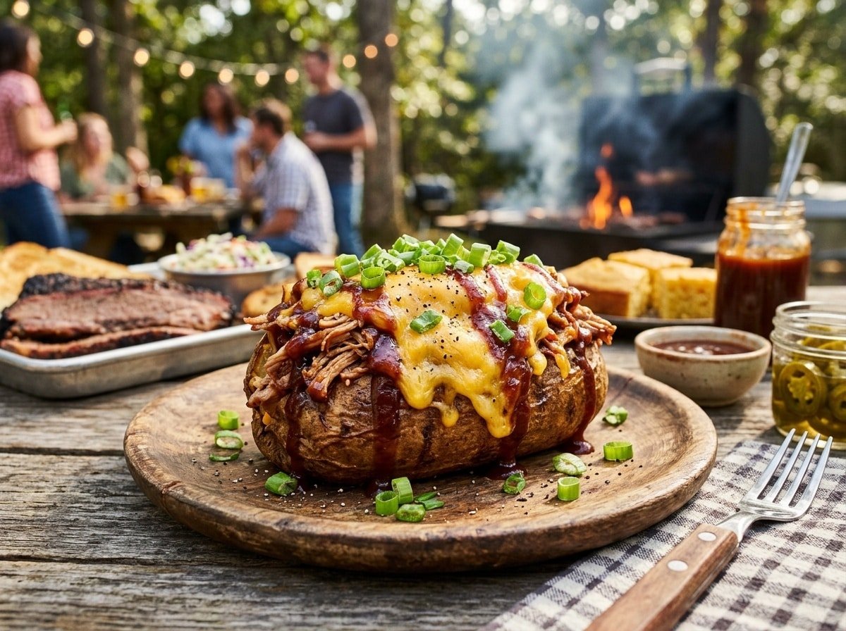 BBQ loaded baked potato with pulled pork and cheese, garnished with green onions on a rustic wooden plate.