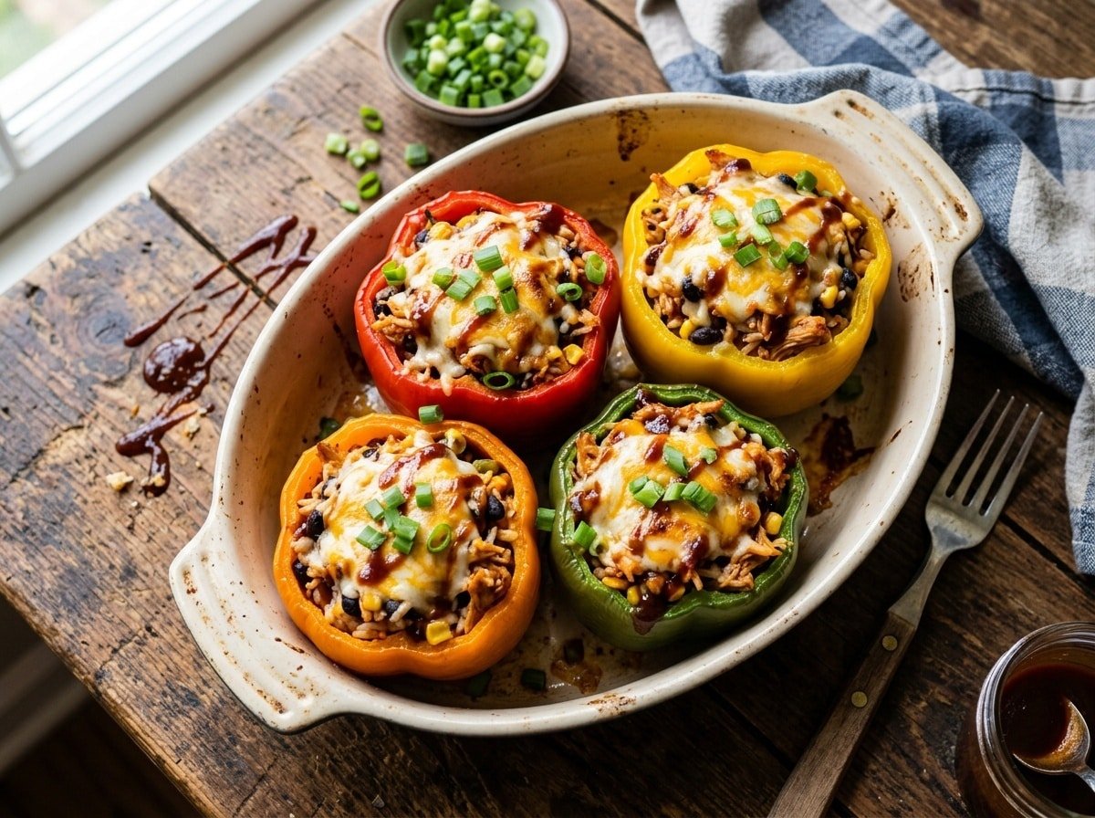 Colorful bell peppers stuffed with BBQ chicken and cheese in a baking dish.