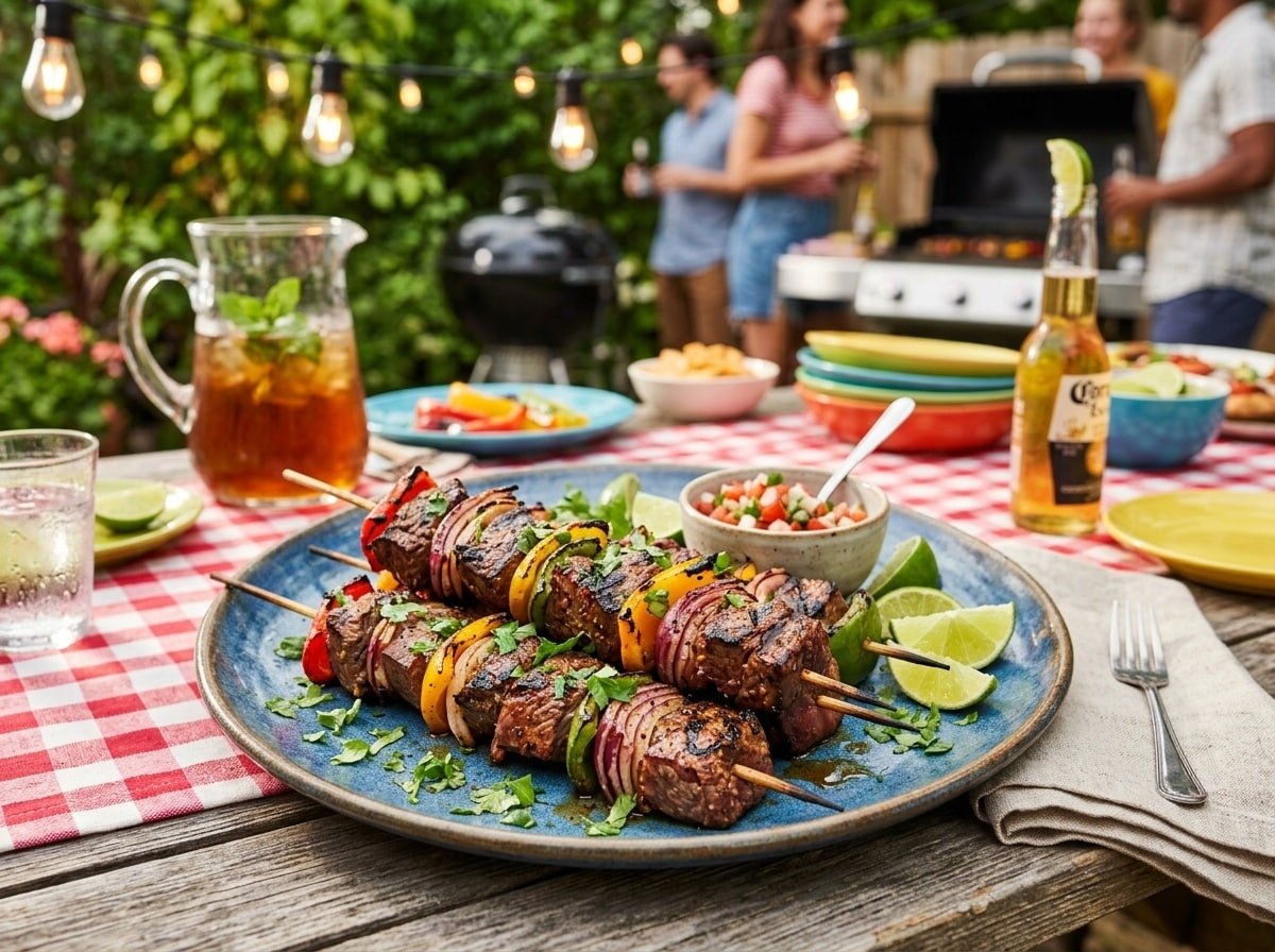 Grilled steak fajita skewers with bell peppers and onions, served with lime and garnished with cilantro.