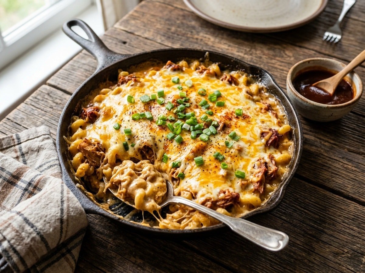 BBQ Chicken Mac and Cheese Skillet with melted cheese, shredded chicken, and green onions, on a wooden table.