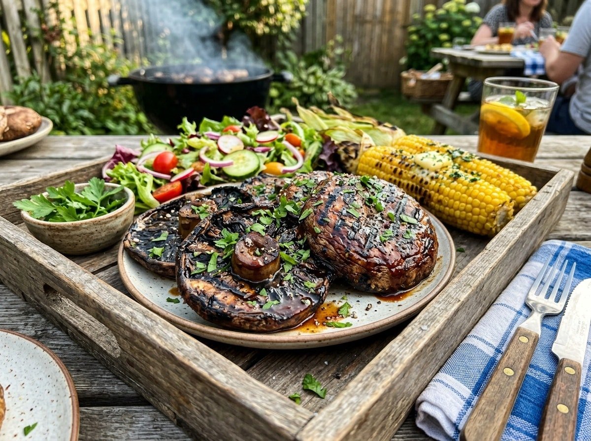 Grilled portobello mushrooms coated in BBQ sauce on a wooden platter with parsley, surrounded by grilled corn and salad.