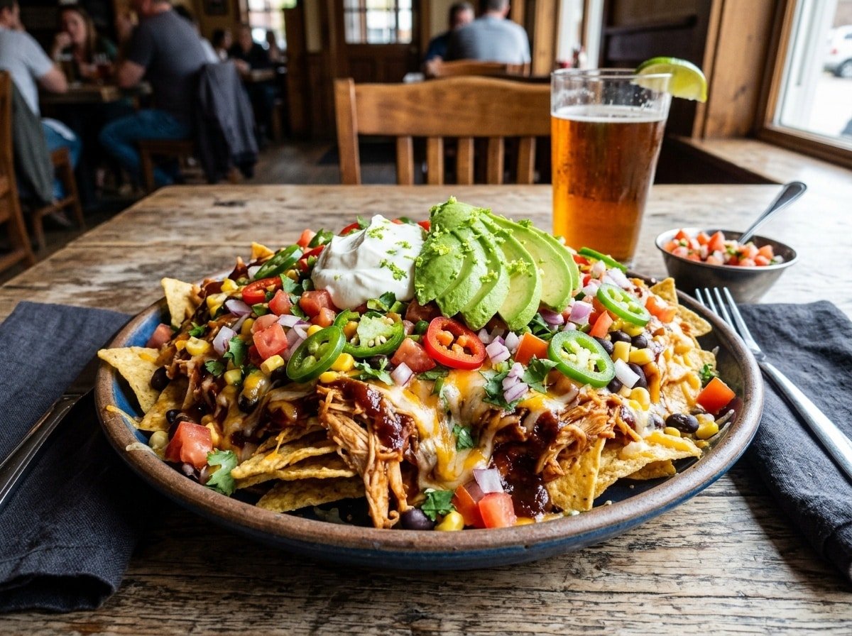 Delicious BBQ Chicken Nachos Supreme topped with cheese, chicken, and fresh ingredients.