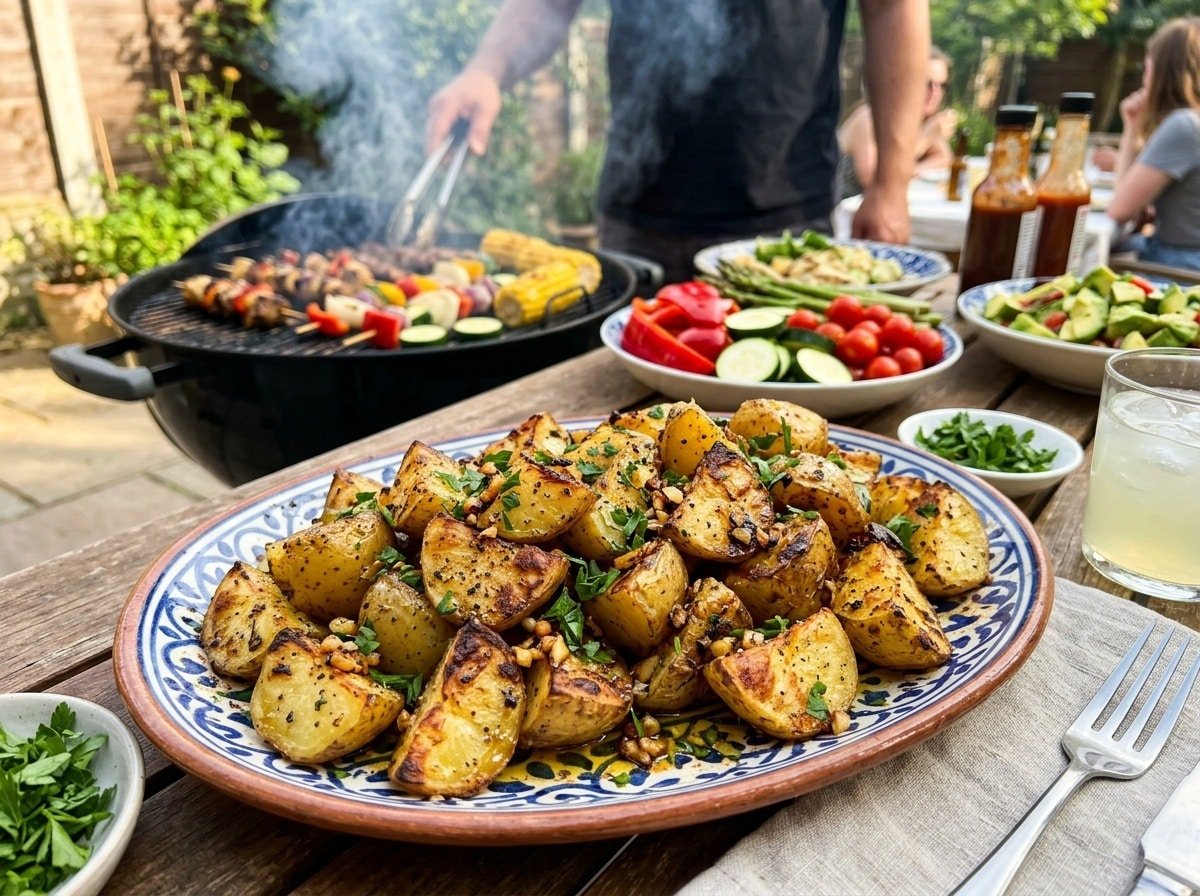 Grilled garlic herb potatoes garnished with parsley on a plate, with a BBQ grill in the background.