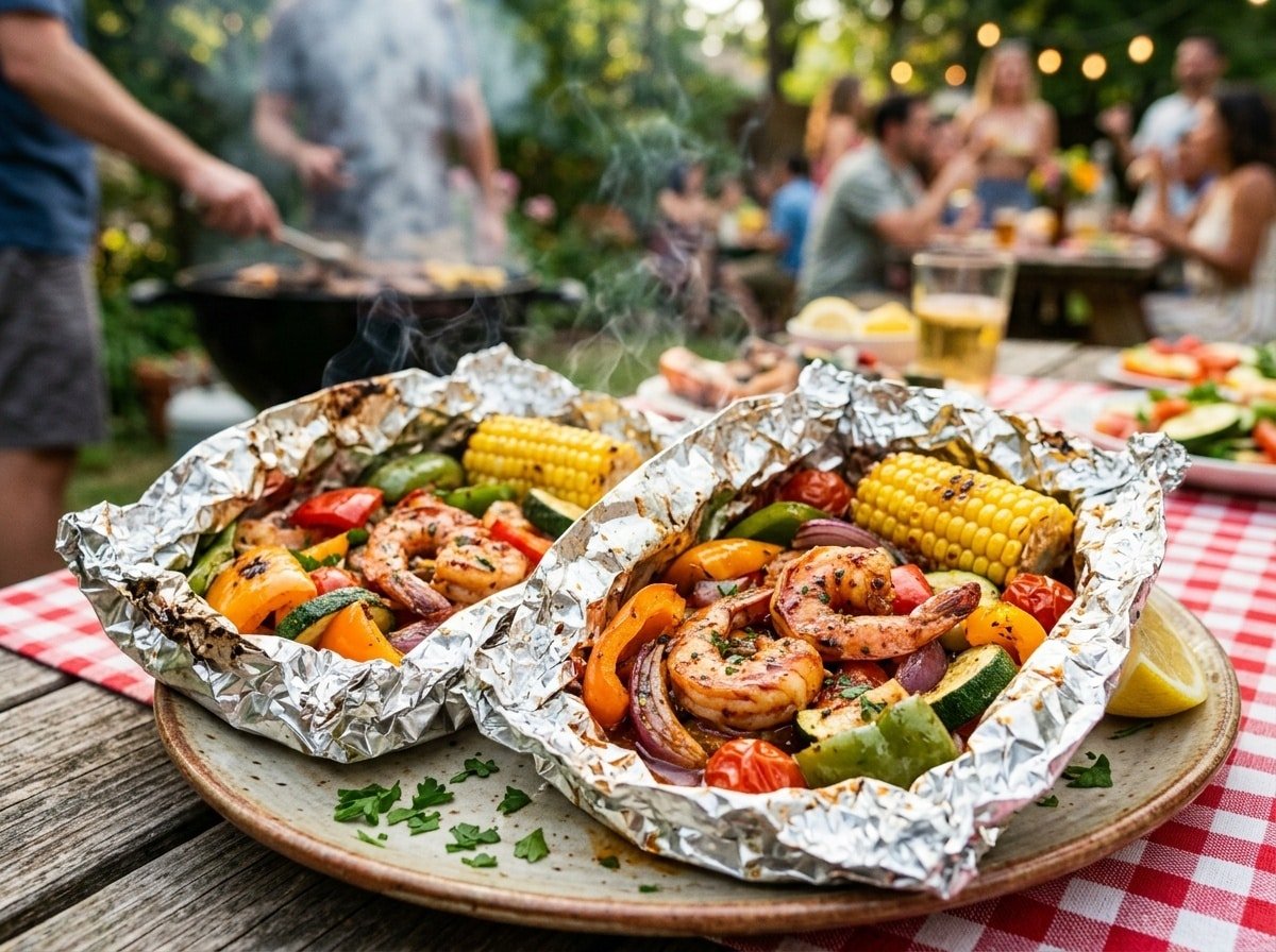 BBQ shrimp foil packets with shrimp, corn, and bell peppers on a summer picnic table.