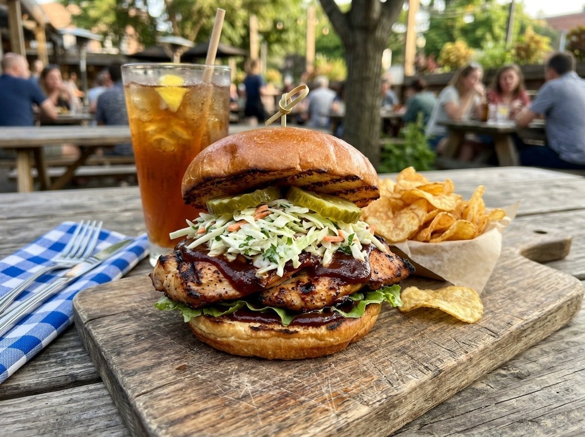 Grilled BBQ chicken sandwich with coleslaw and pickles on a toasted bun, served with chips.