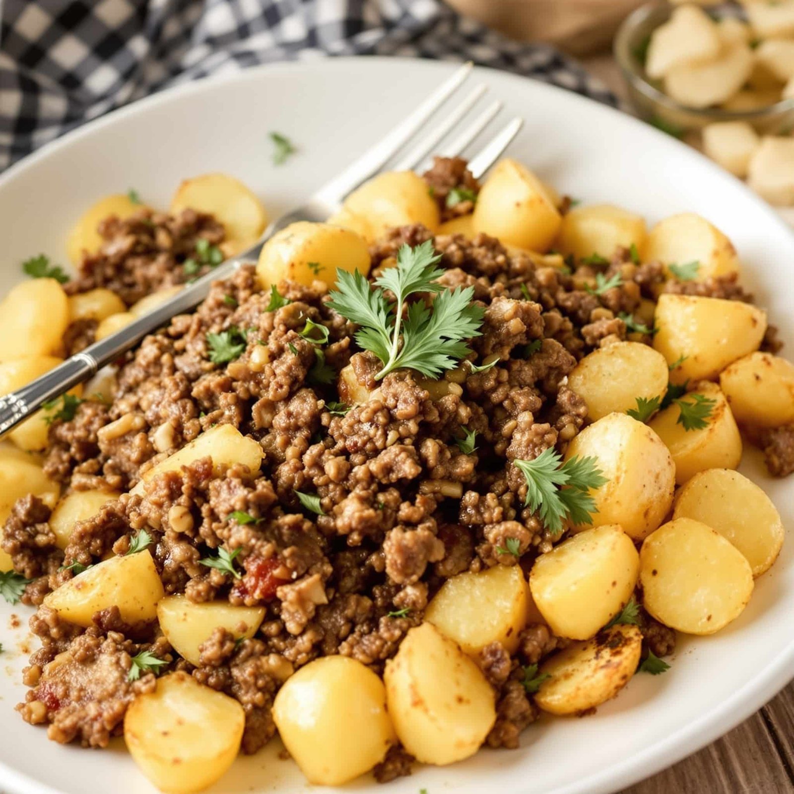 Ground beef mixed with garlic butter potatoes garnished with parsley on a rustic wooden table.