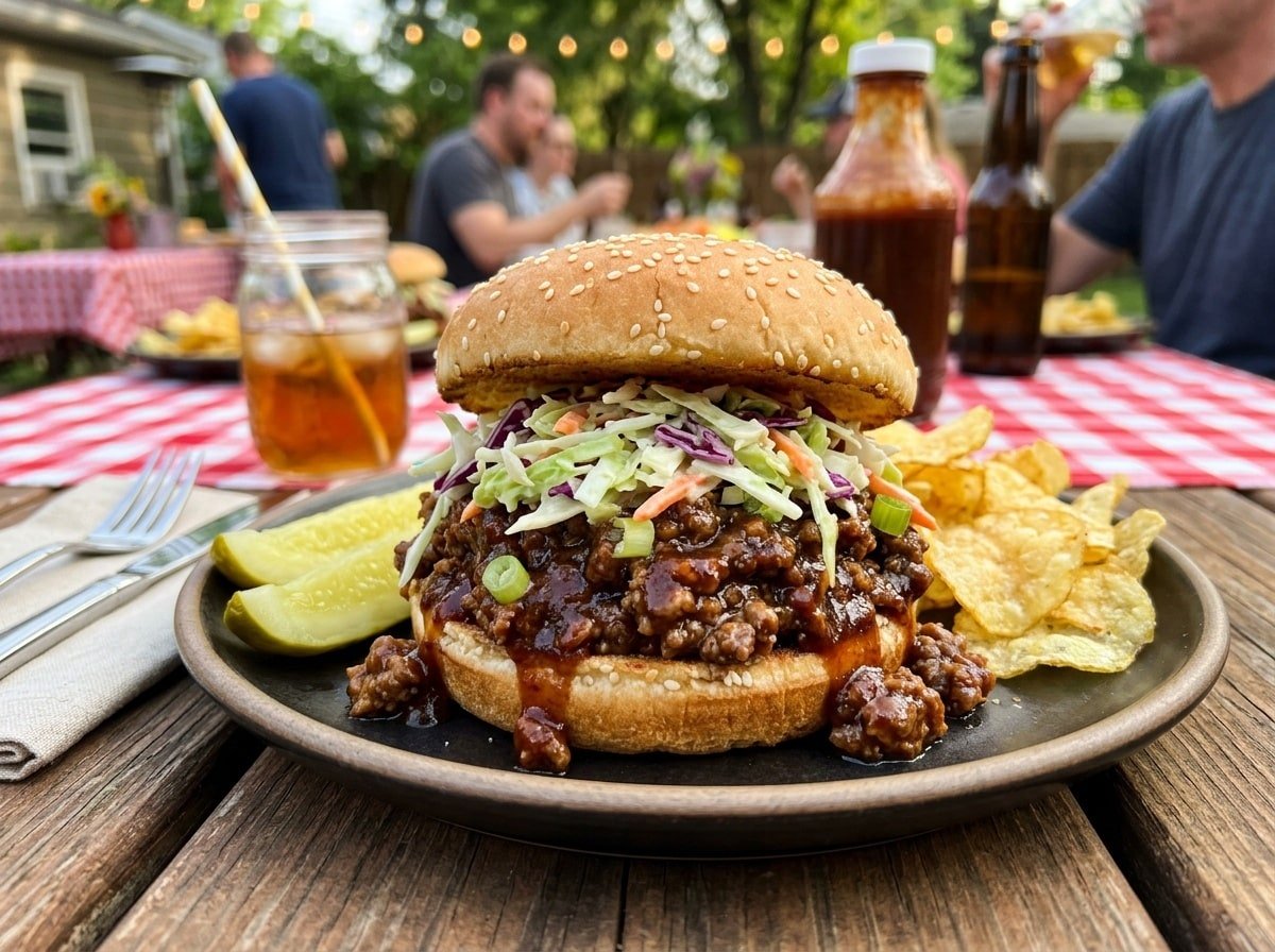 BBQ Sloppy Joe Sandwich filled with saucy beef and topped with coleslaw, on a rustic picnic table with pickles.