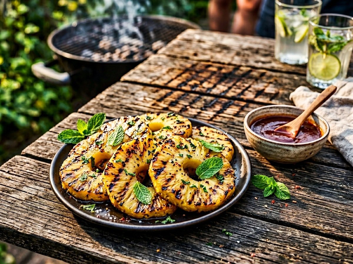 Appetizing grilled pineapple slices with caramelized edges served on a rustic wooden table next to a bowl of BBQ sauce.