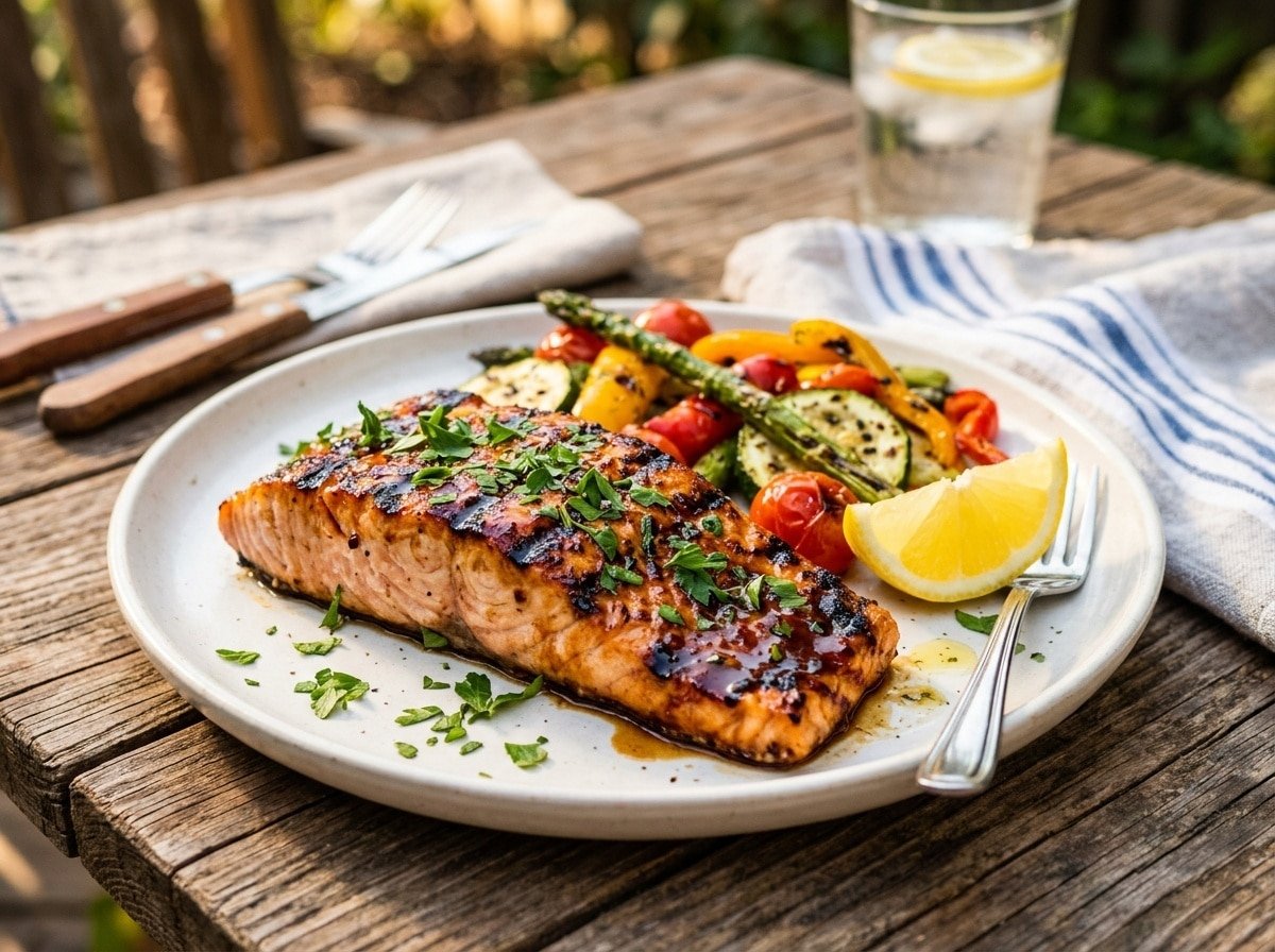 Grilled BBQ salmon fillet with parsley on a plate, served with grilled vegetables and a lemon wedge.