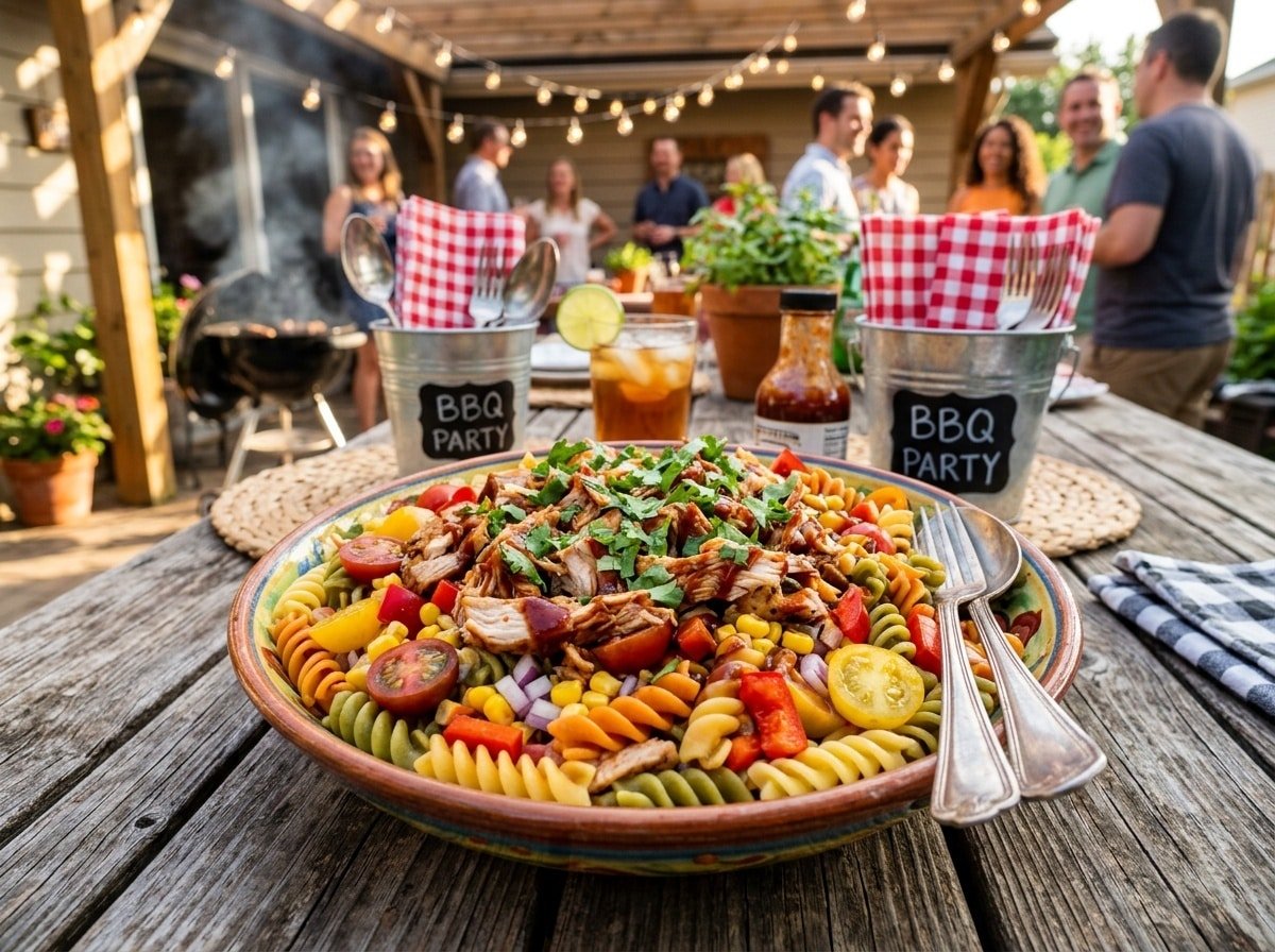 A colorful BBQ Chicken Pasta Salad with rotini pasta, chicken, tomatoes, corn, and bell peppers, garnished with cilantro, on a wooden table.