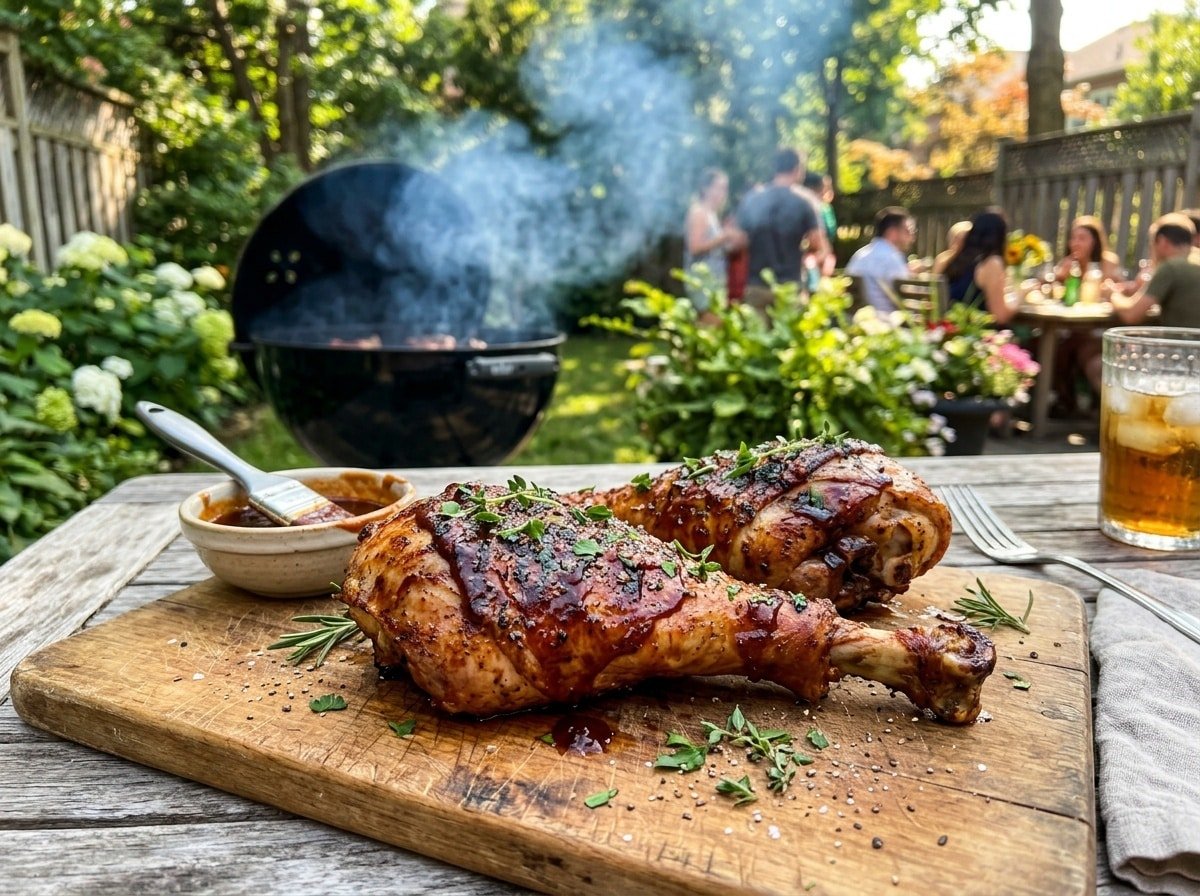 Grilled BBQ turkey legs on a wooden board with BBQ sauce, garnished with herbs in a sunny outdoor setting.