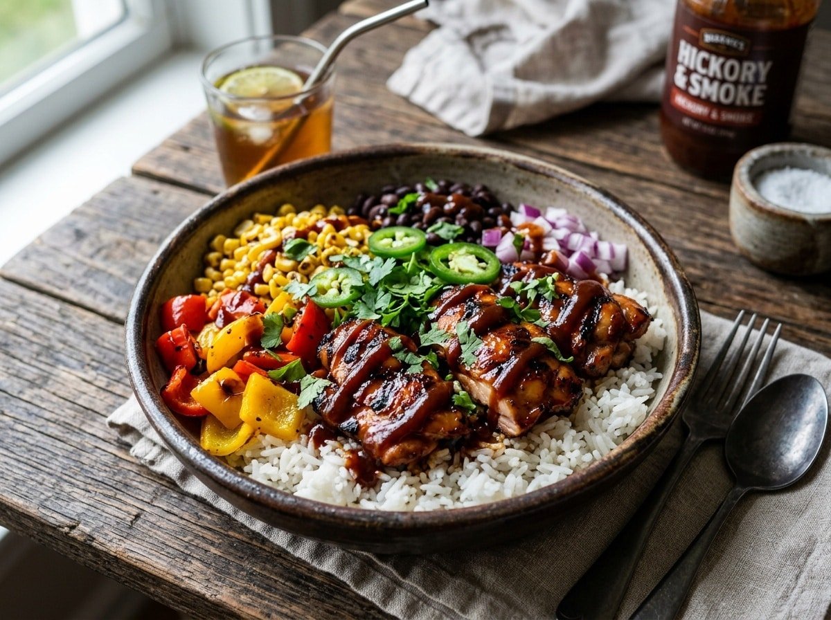 BBQ Chicken Rice Bowls with grilled chicken, rice, bell peppers, and corn, garnished with cilantro on a wooden table.