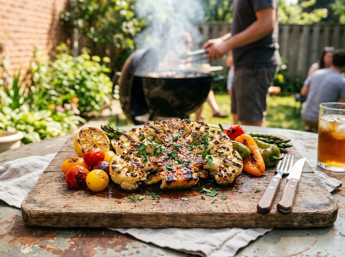 Grilled BBQ cauliflower steak on a wooden platter, garnished with herbs and colorful vegetables.
