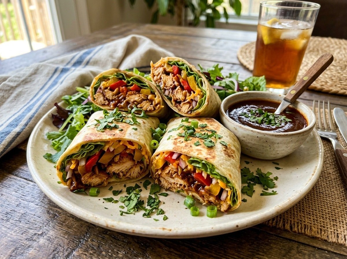 BBQ chicken stuffed wraps filled with shredded chicken, lettuce, and peppers, served on a plate with BBQ sauce.