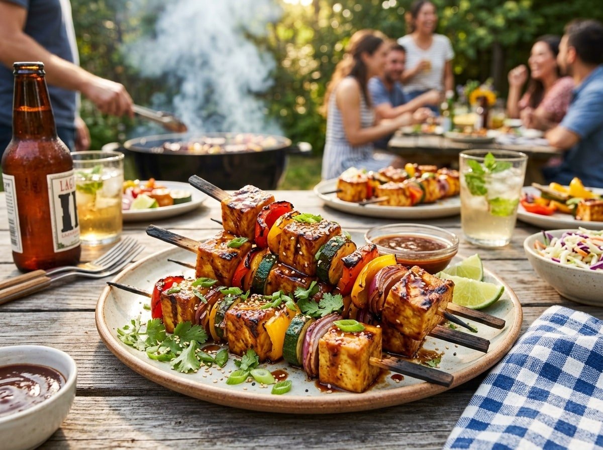 Grilled BBQ tofu skewers with colorful vegetables, garnished with herbs on a plate in an outdoor BBQ setting.