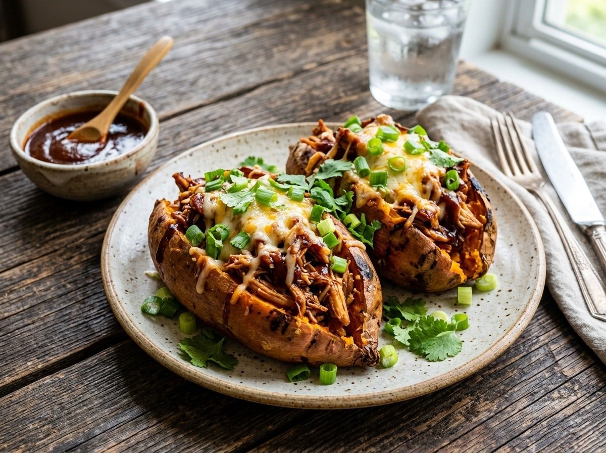 BBQ Chicken Stuffed Sweet Potatoes with BBQ chicken and cheese, garnished with green onions, on a wooden table.