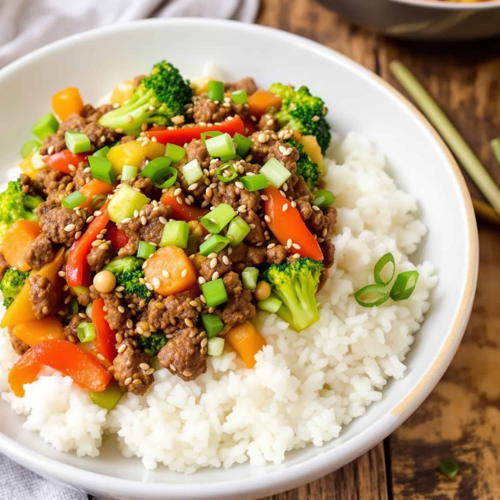 A delicious bowl of ground beef teriyaki with vegetables and rice, garnished with sesame seeds and green onions.