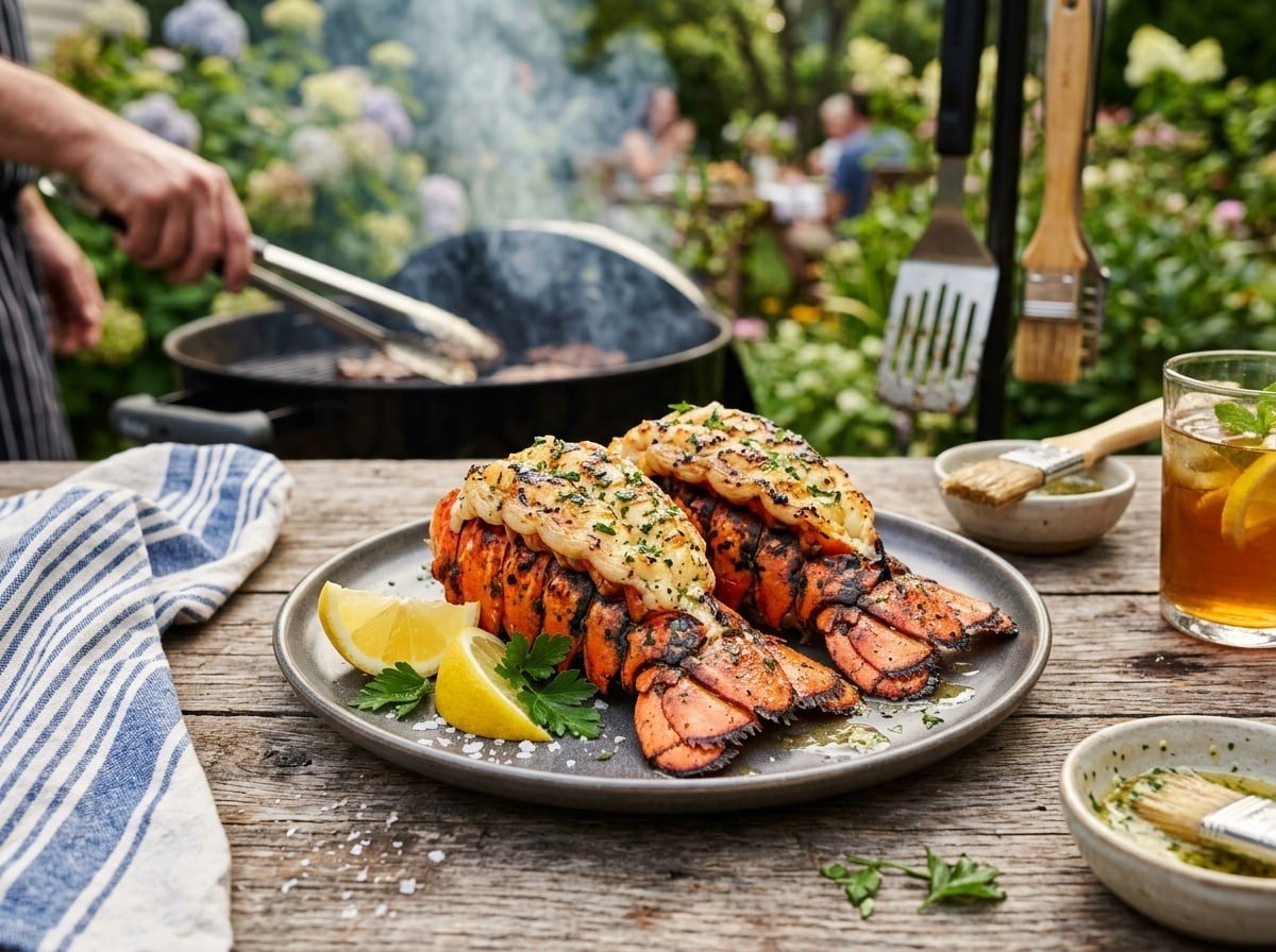 Grilled lobster tails brushed with garlic butter, garnished with parsley and lemon wedges on a rustic table.
