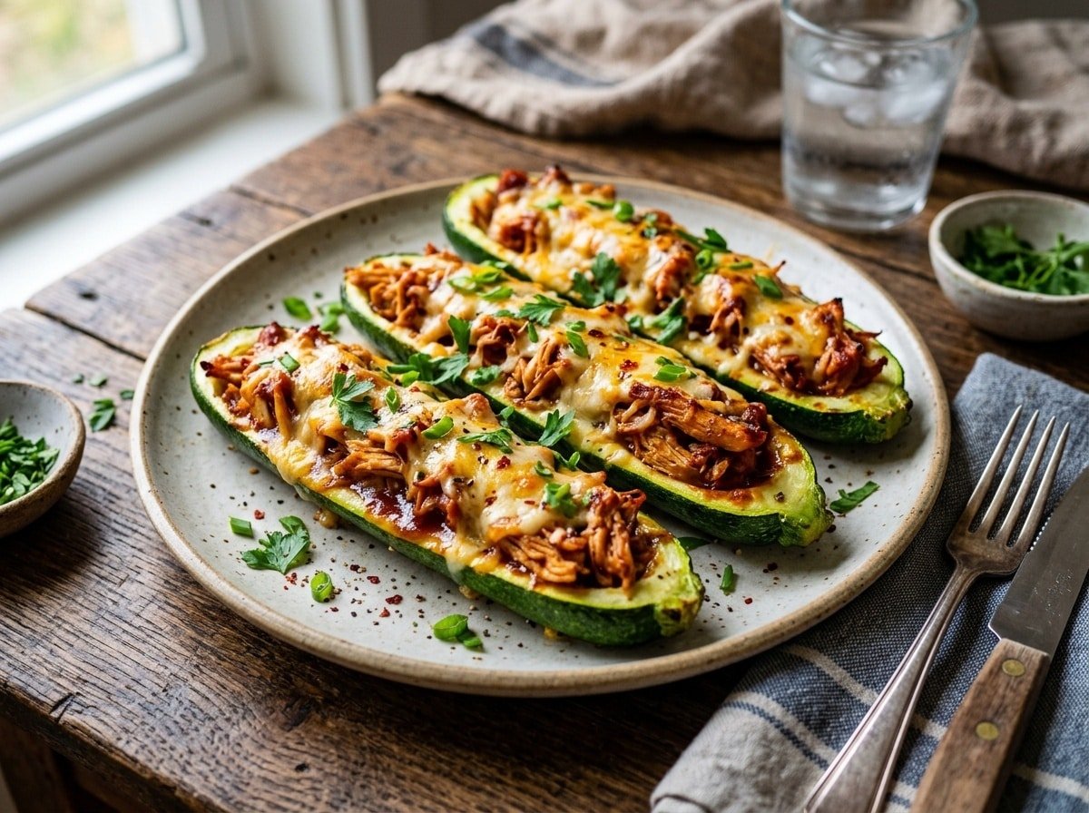 BBQ Chicken Stuffed Zucchini on a plate, topped with melted cheese and garnished with herbs.