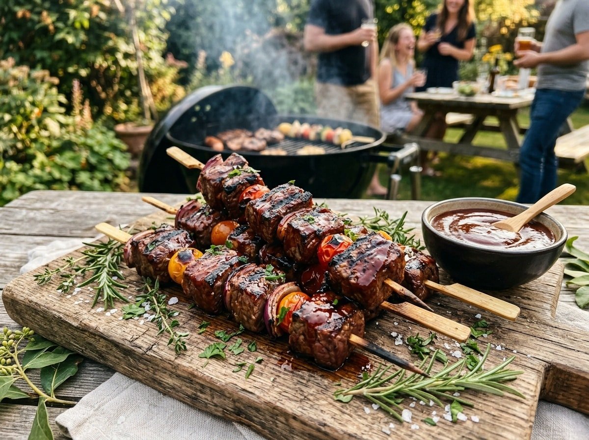 Grilled BBQ steak bites on skewers, garnished with herbs, served with BBQ sauce.
