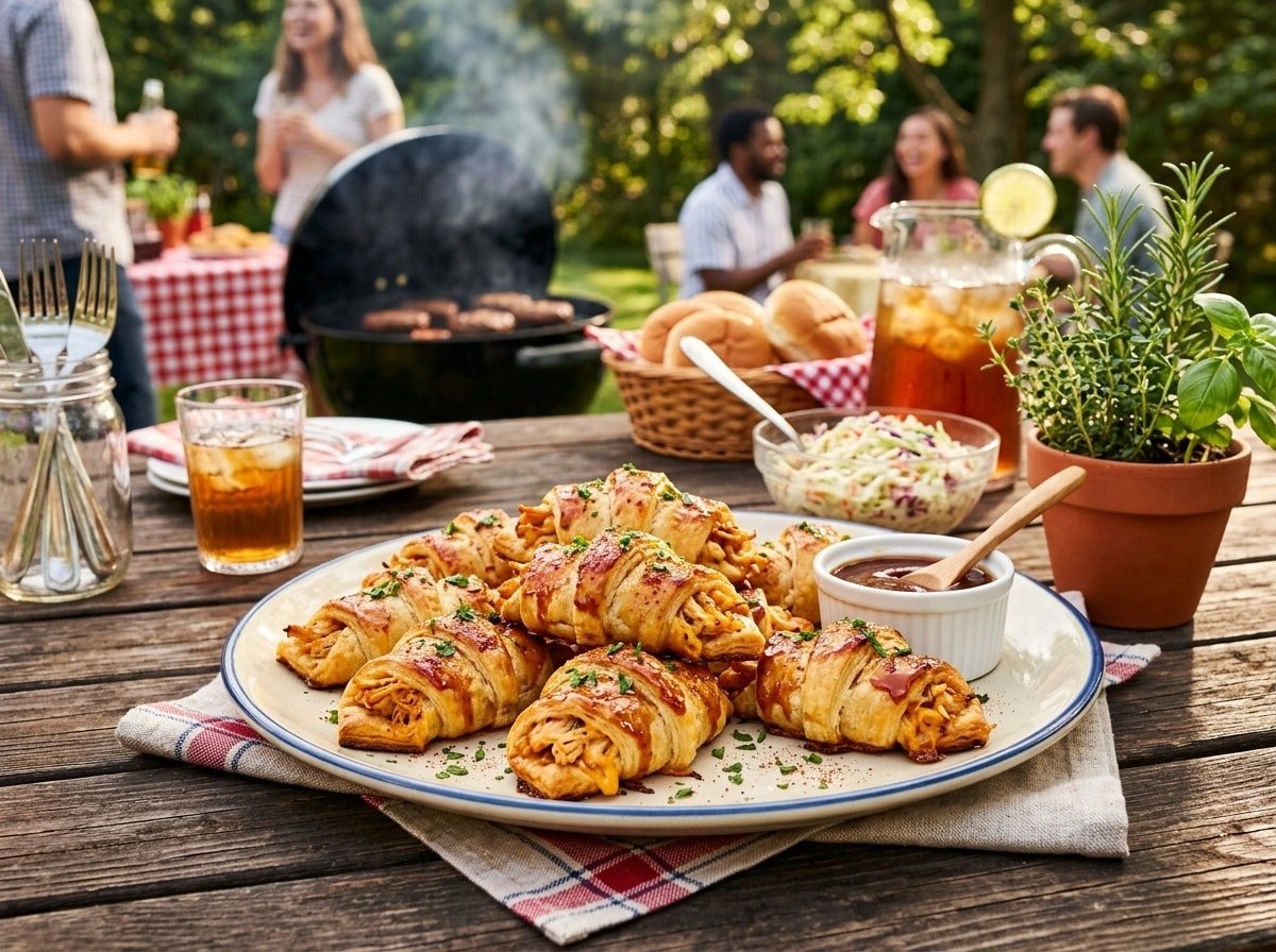 A plate of BBQ chicken crescent rolls filled with chicken and cheese, surrounded by herbs.