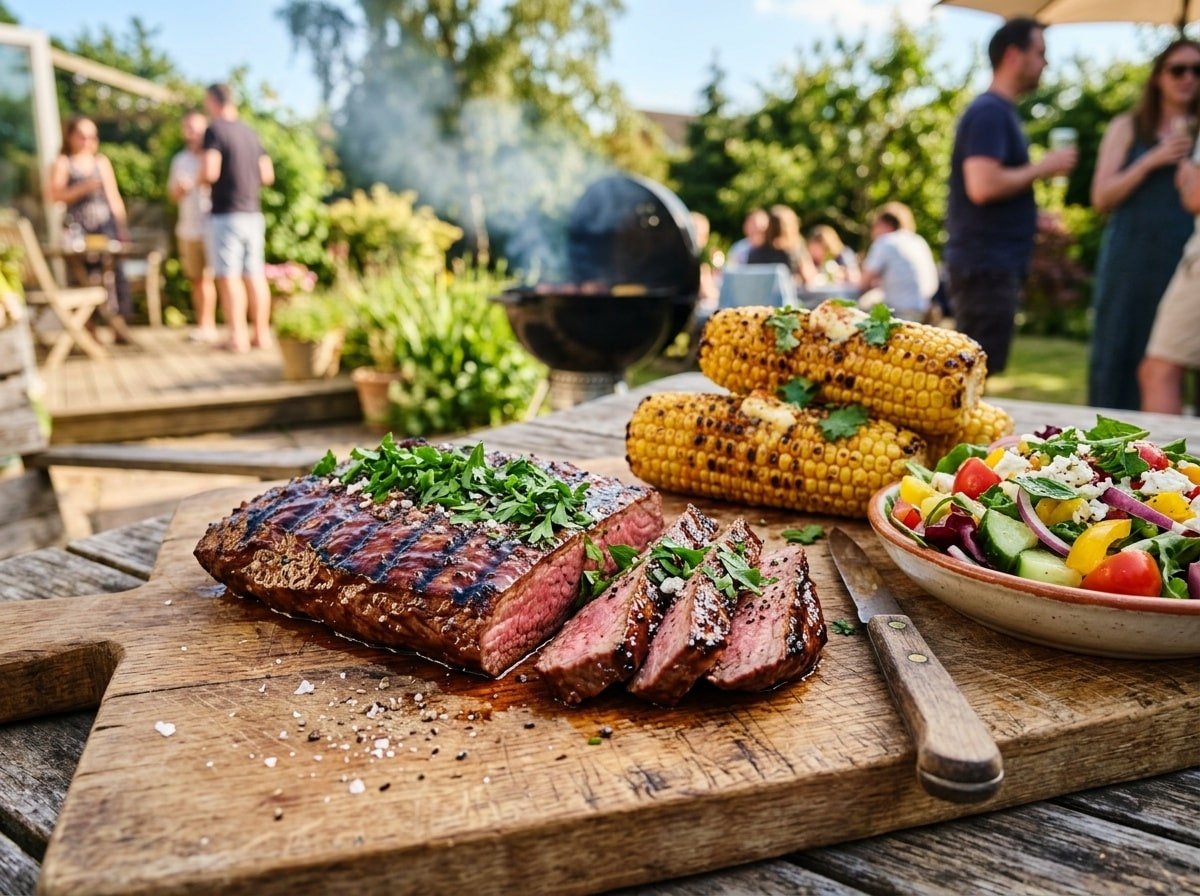 Grilled flat iron steak glazed with BBQ sauce, garnished with parsley on a cutting board with grilled corn and salad.