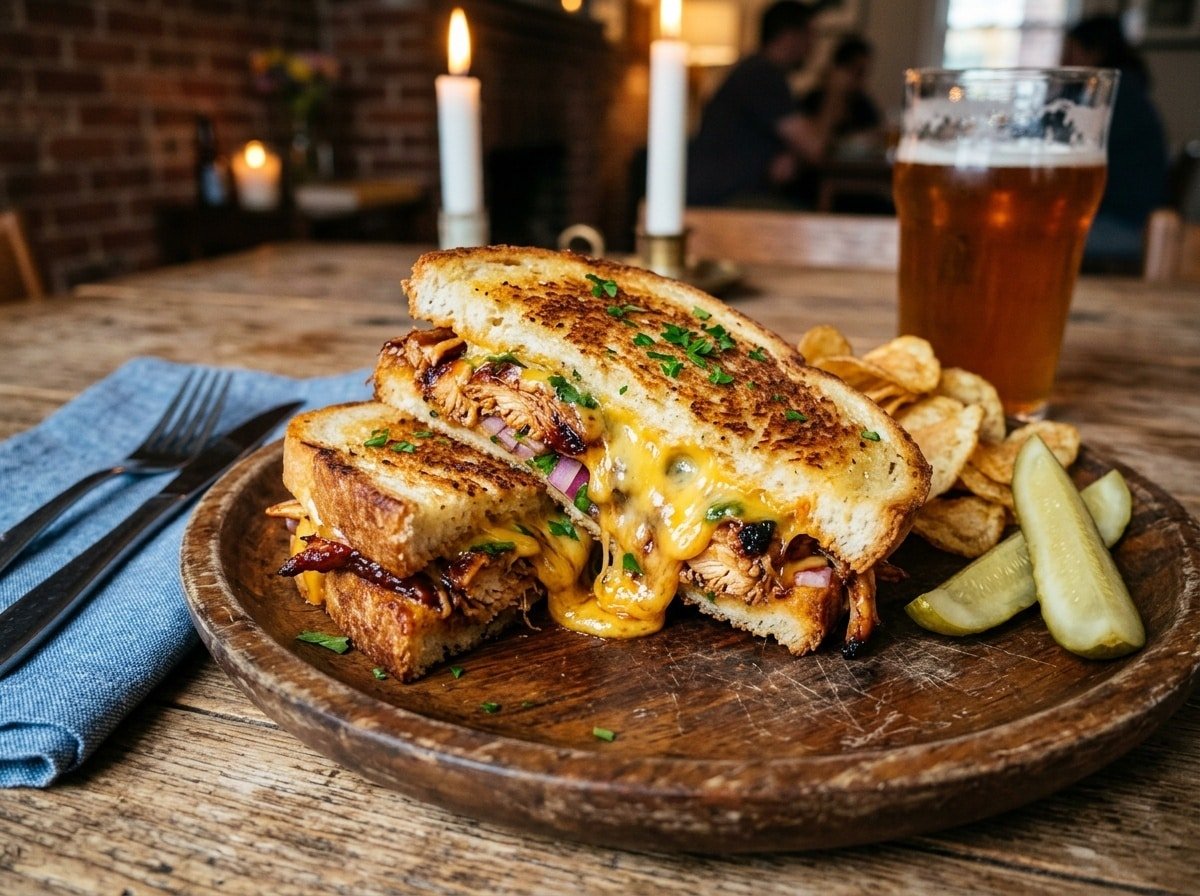BBQ chicken sandwich melt with melted cheese on a wooden plate, served with pickles and chips.