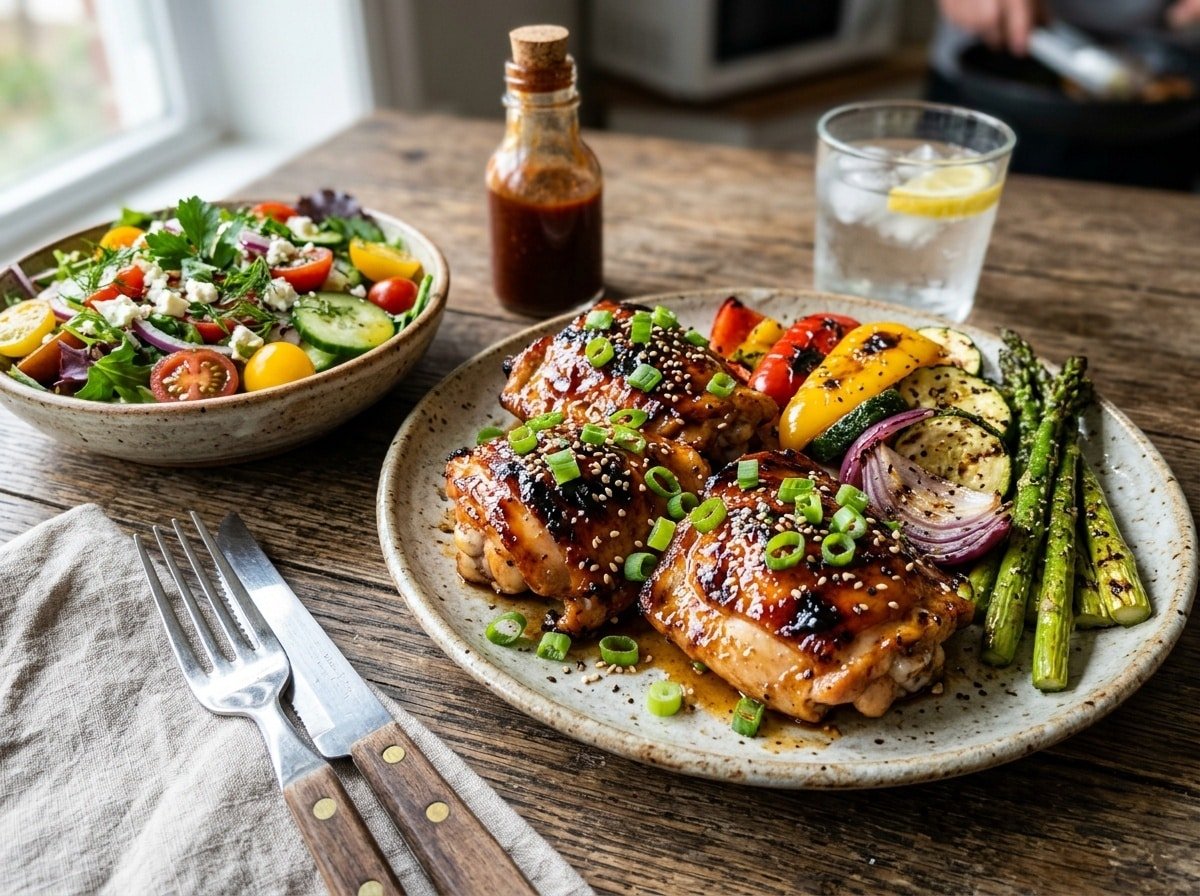 A delicious serving of maple glazed BBQ chicken thighs with side vegetables and salad on a rustic table.