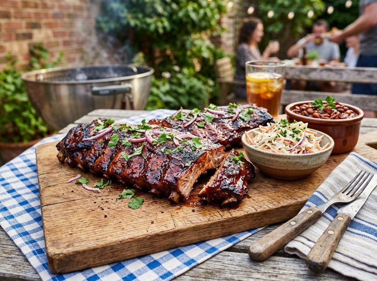 A rack of smoky chipotle BBQ ribs glazed with sauce, garnished with cilantro, on a cutting board with coleslaw and baked beans.