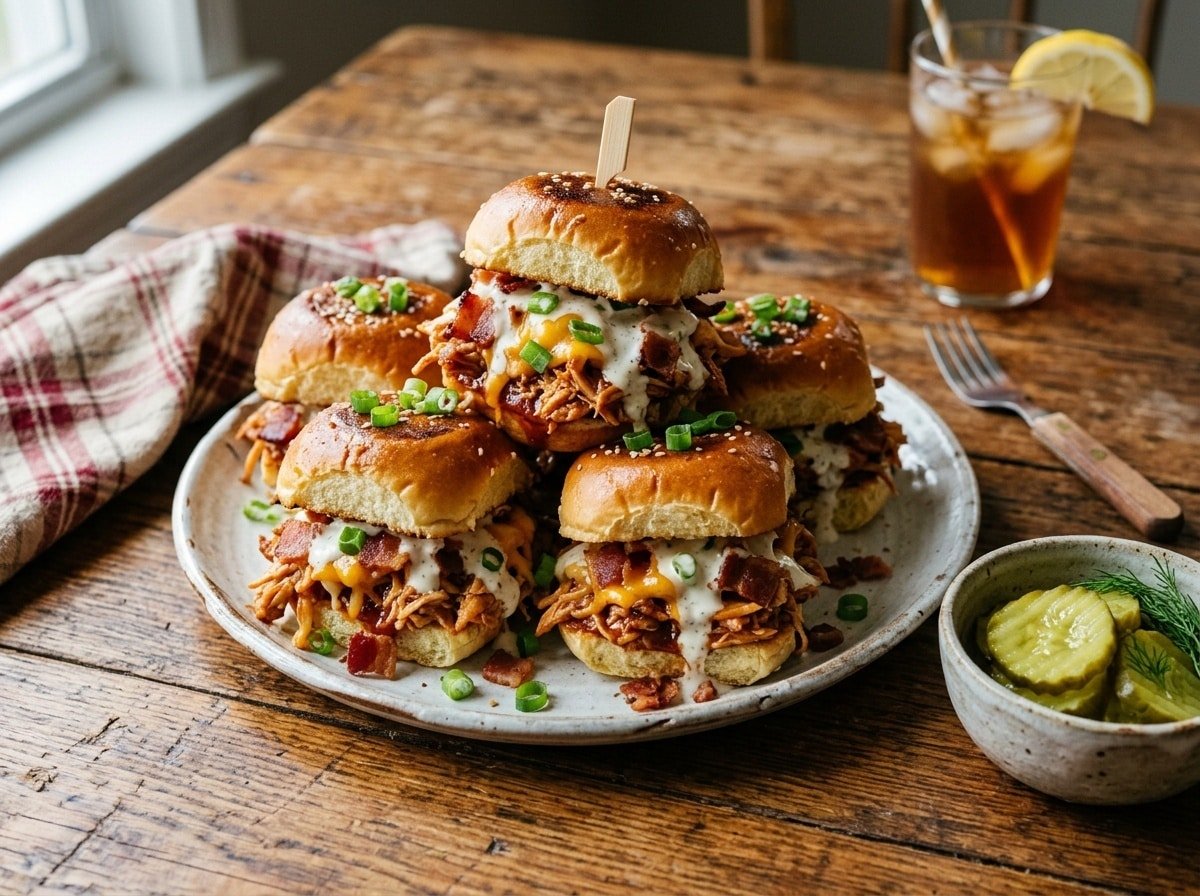 BBQ Chicken Bacon Ranch Sliders piled on a plate, garnished with green onions, served with pickles on a rustic table.