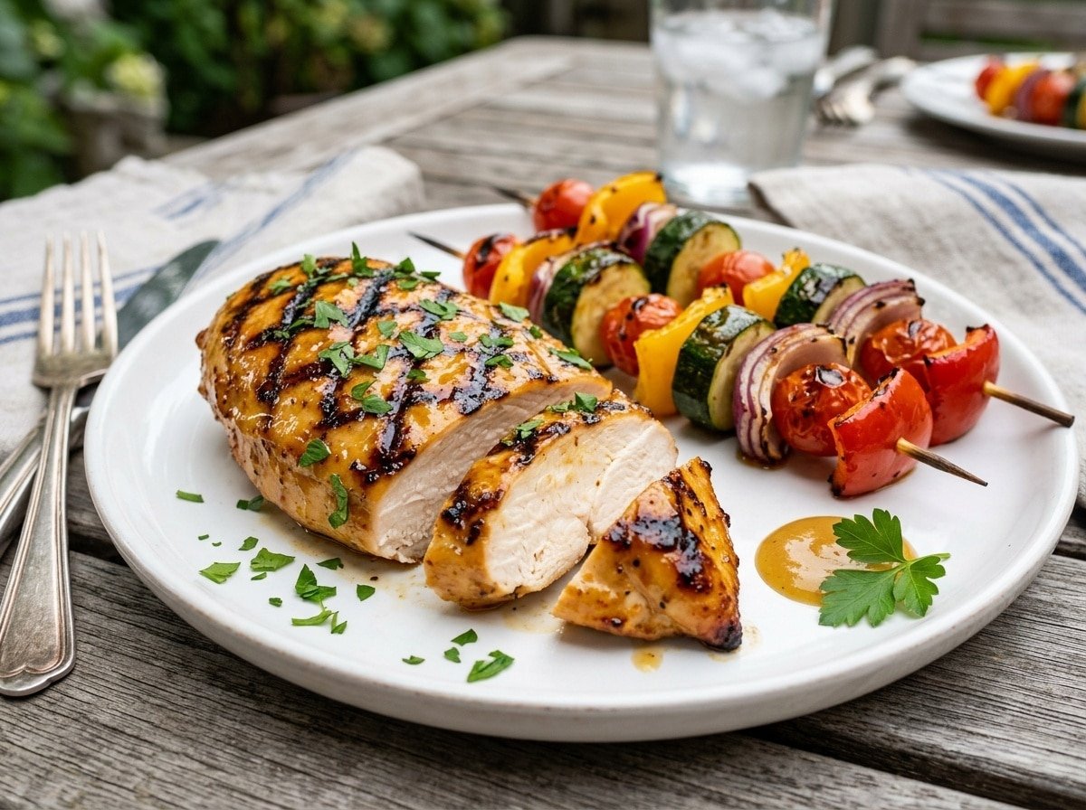 Grilled honey mustard chicken breast with vegetable skewers, garnished with parsley on a white plate.