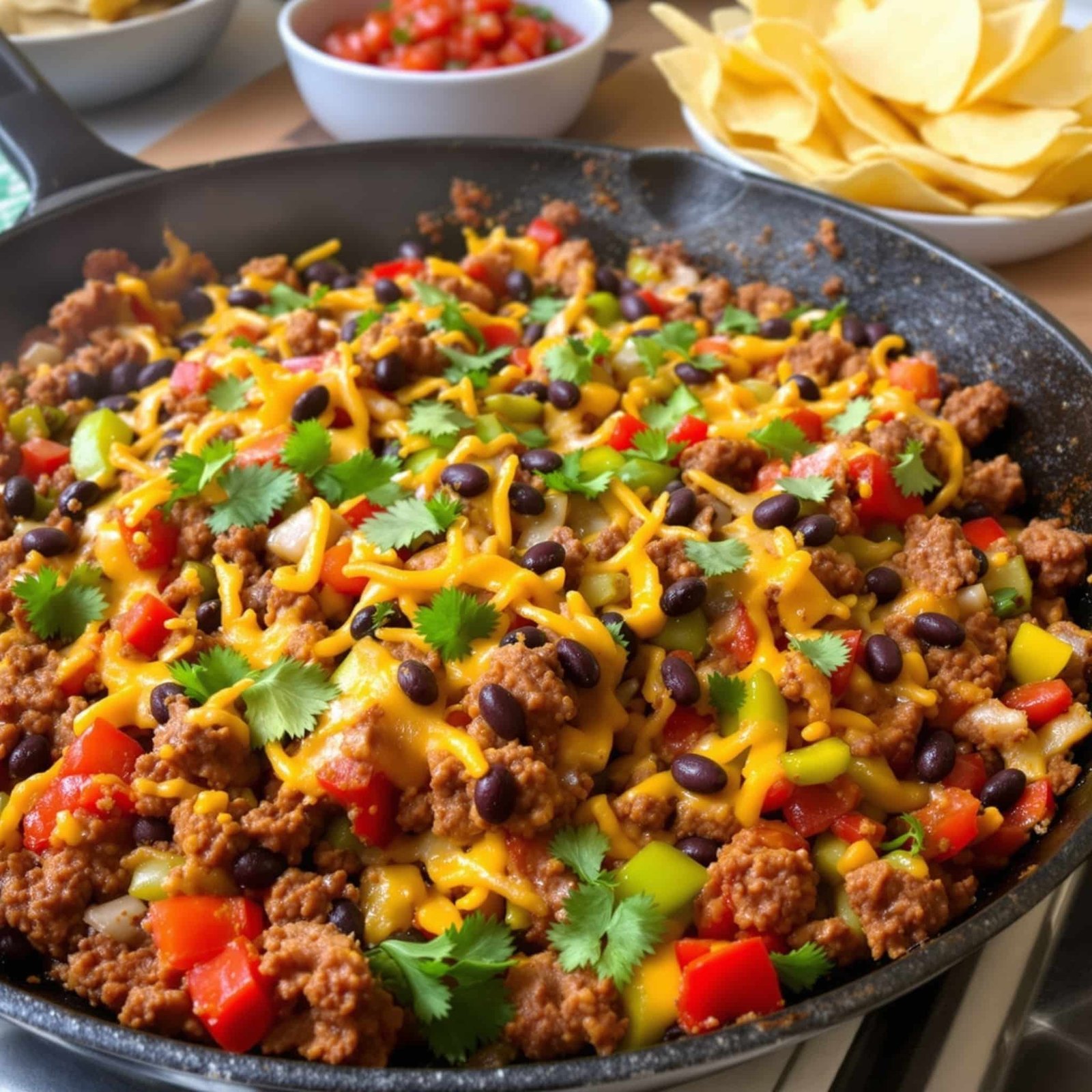 A spicy beef taco skillet with ground beef, diced vegetables, and cheese, garnished with cilantro, next to tortilla chips and salsa.
