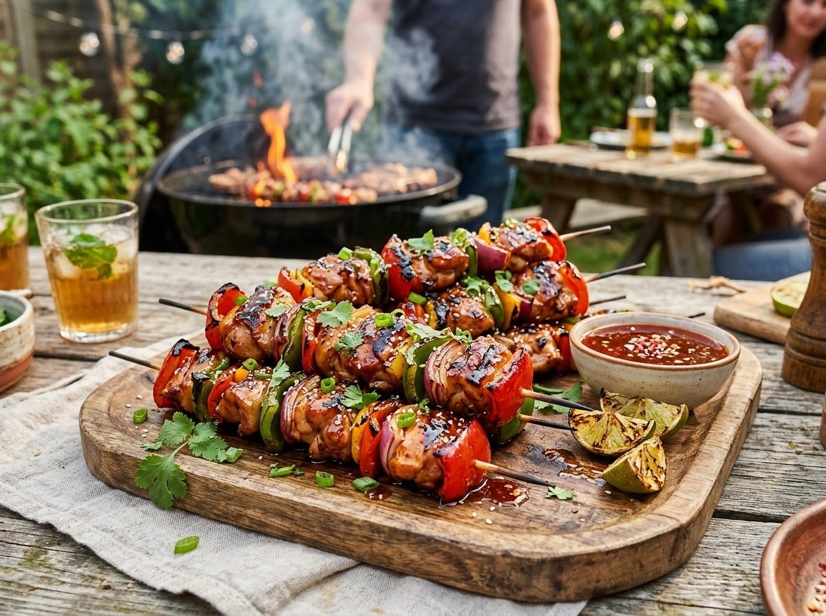 Grilled Sweet Chili BBQ Chicken Skewers with peppers and a bowl of dipping sauce.