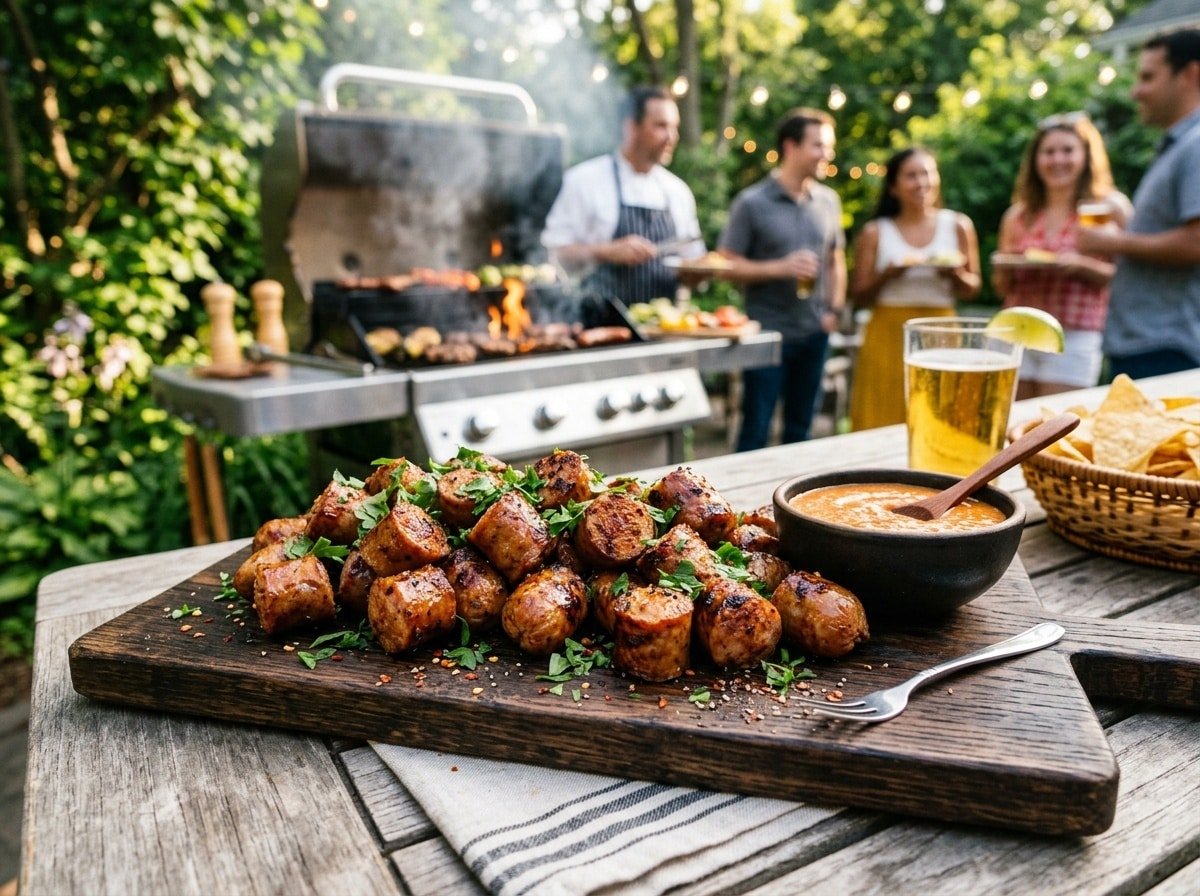 A platter of golden grilled Cajun sausage bites garnished with parsley, served with dipping sauce, on a rustic wooden board.