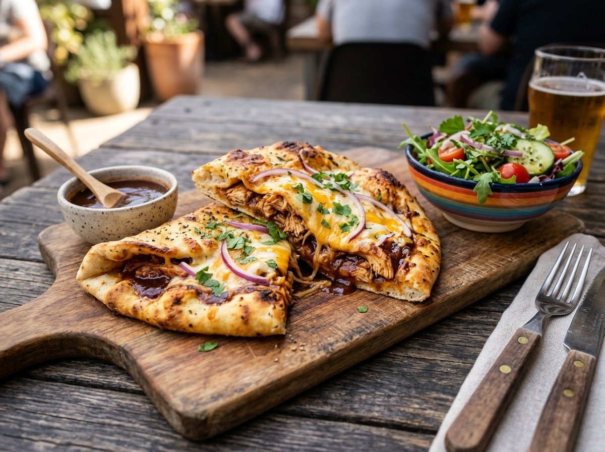 BBQ Chicken Stuffed Flatbread filled with chicken and cheese, served with BBQ sauce.