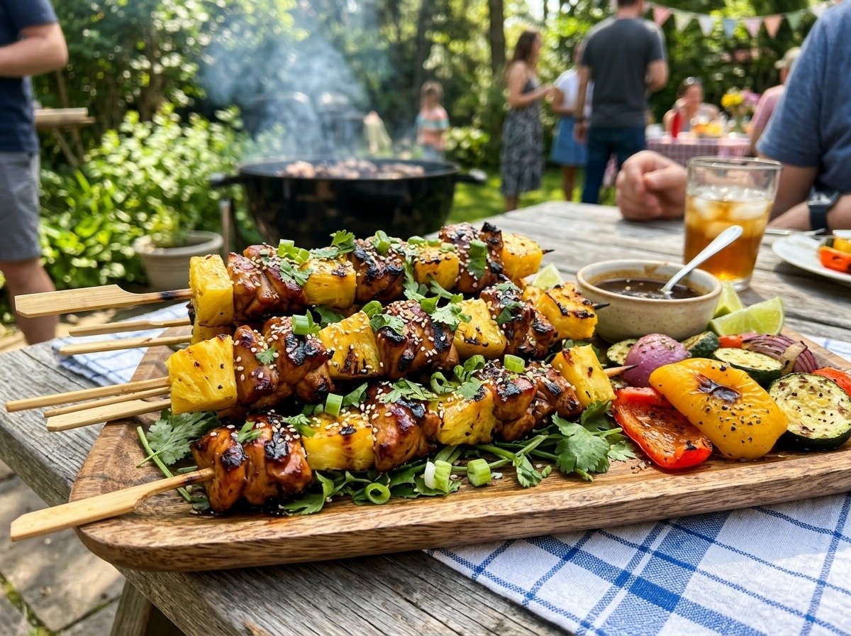 Grilled teriyaki chicken skewers with pineapple on a platter surrounded by fresh vegetables.