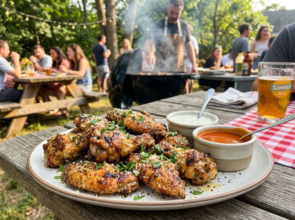 Grilled garlic parmesan chicken wings garnished with parsley, served with dipping sauces at a BBQ.