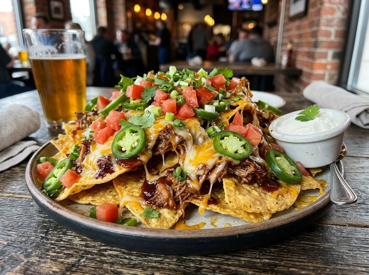 A colorful platter of BBQ pulled pork nachos with melted cheese, jalapeños, and fresh toppings.