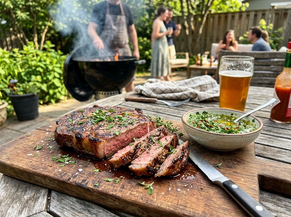 Juicy grilled ribeye steak on a cutting board, garnished with herbs and served with chimichurri sauce.