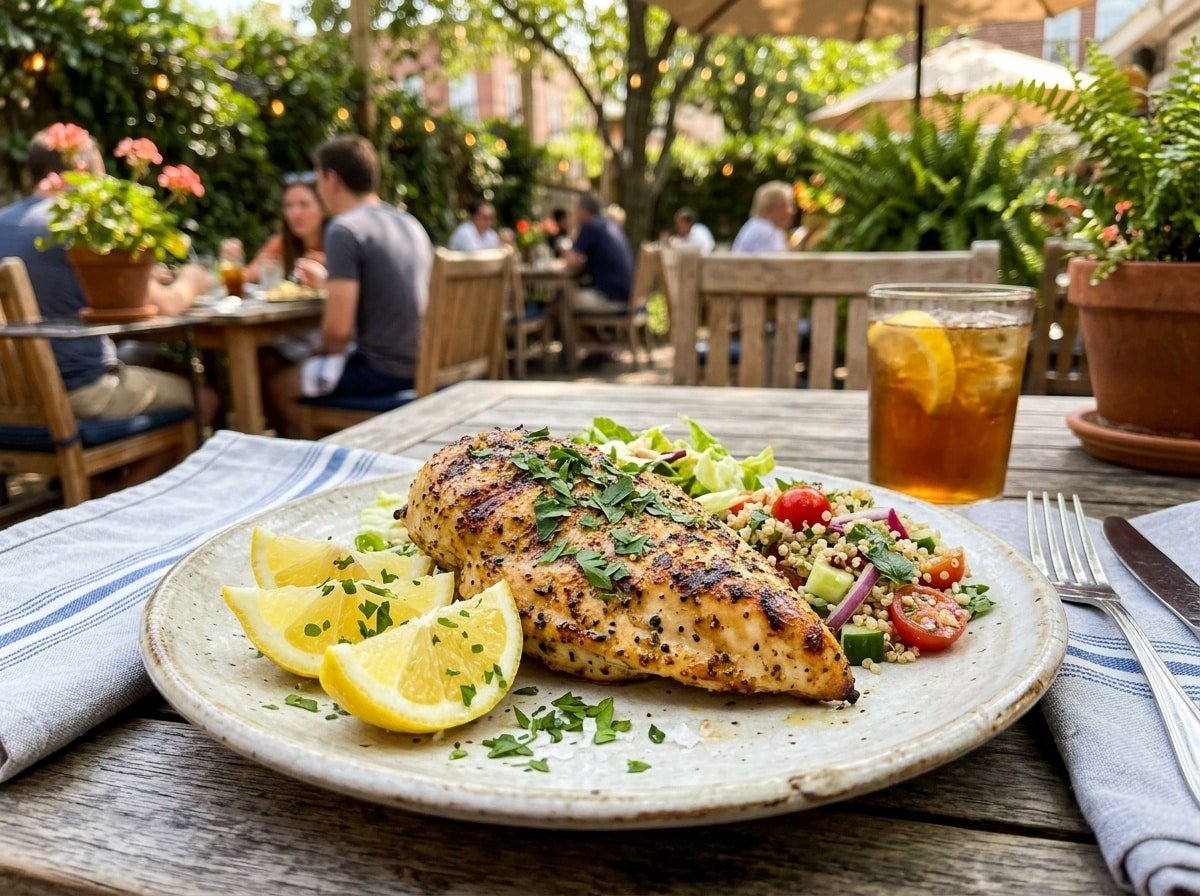 Grilled lemon pepper chicken breast on a plate with lemon wedges and garnished with parsley.