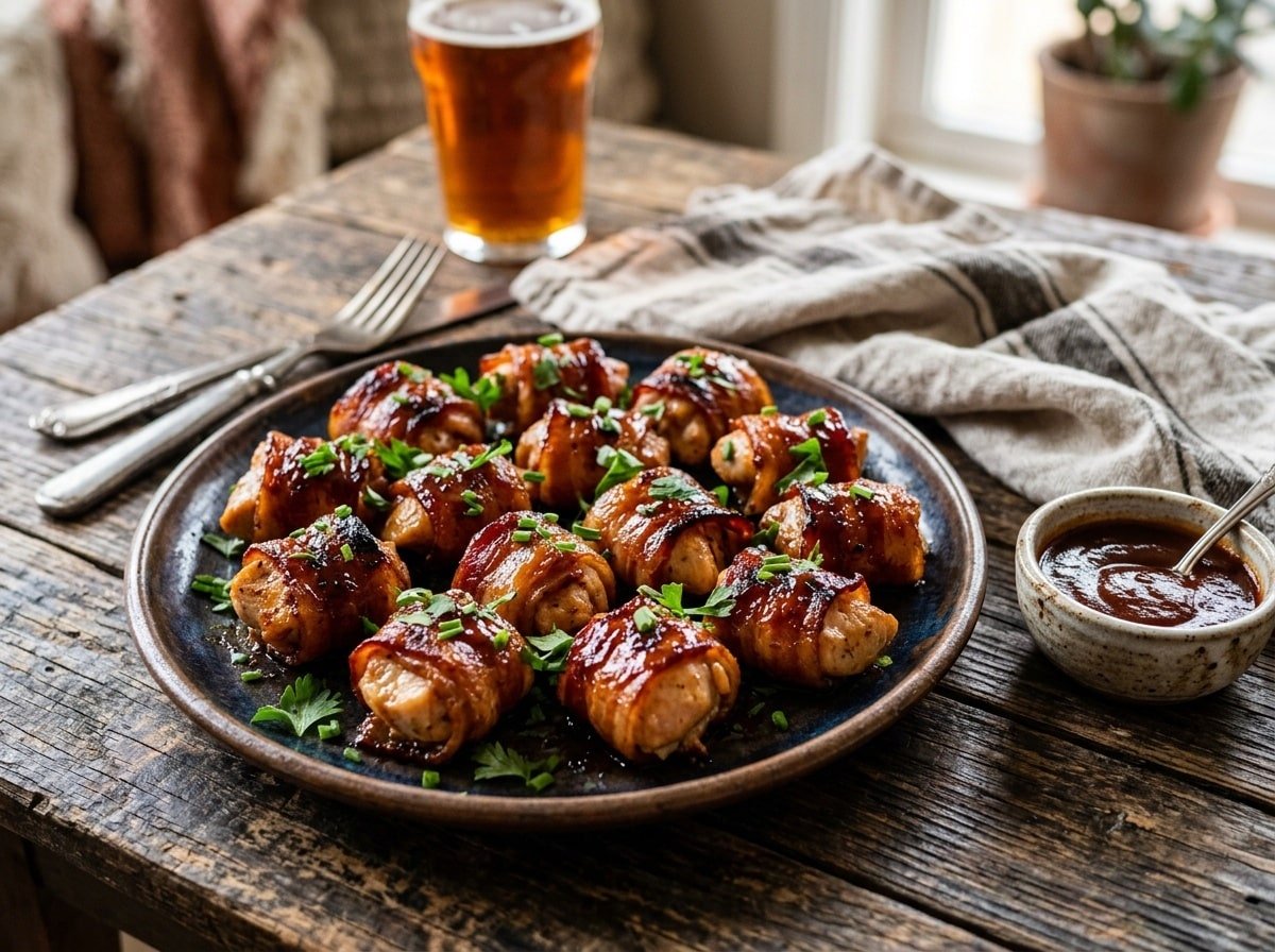 BBQ Bacon Wrapped Chicken Bites on a plate with barbecue sauce in the background.