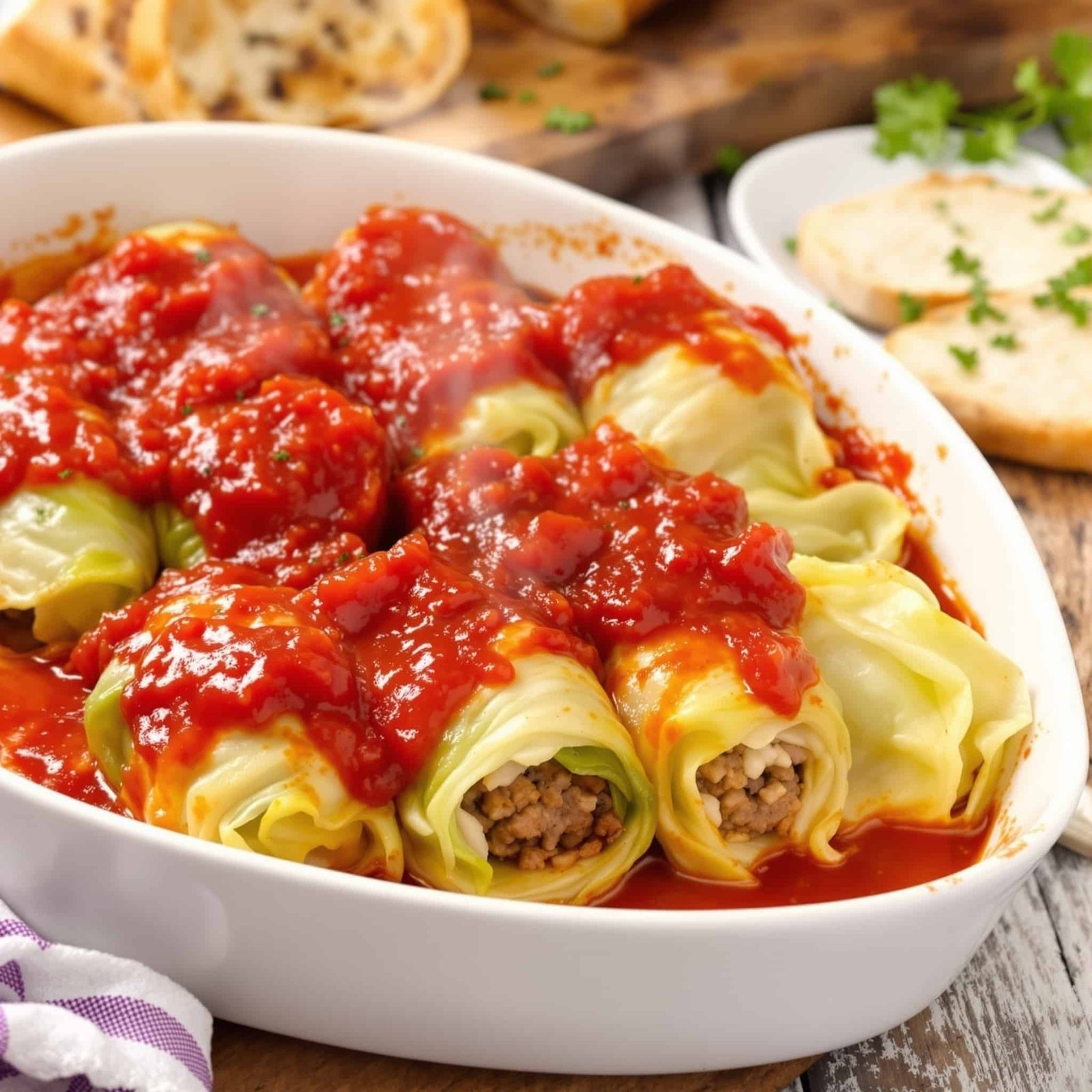 Stuffed cabbage rolls filled with beef and rice, topped with tomato sauce, served on a rustic wooden table.