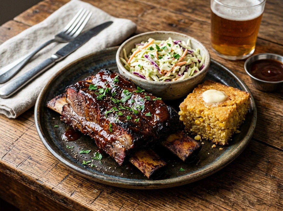 Smoky BBQ beef short ribs glazed with BBQ sauce, served with coleslaw and cornbread on a rustic wooden table.