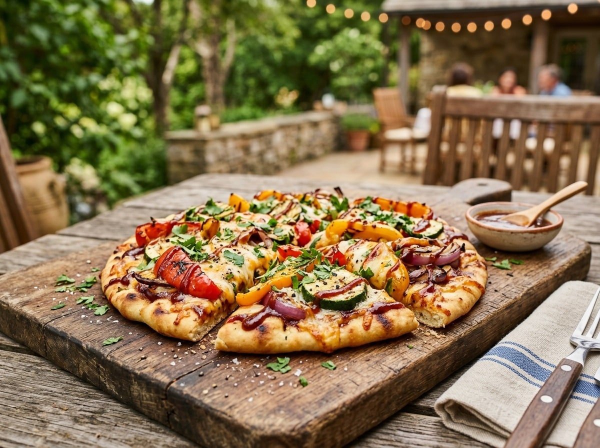 Grilled BBQ veggie flatbread with colorful vegetables and melted cheese on a rustic wooden board.