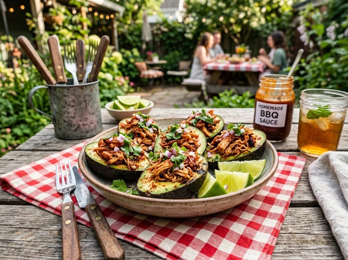 Halved avocados stuffed with BBQ chicken, garnished with cilantro and lime on a wooden table.
