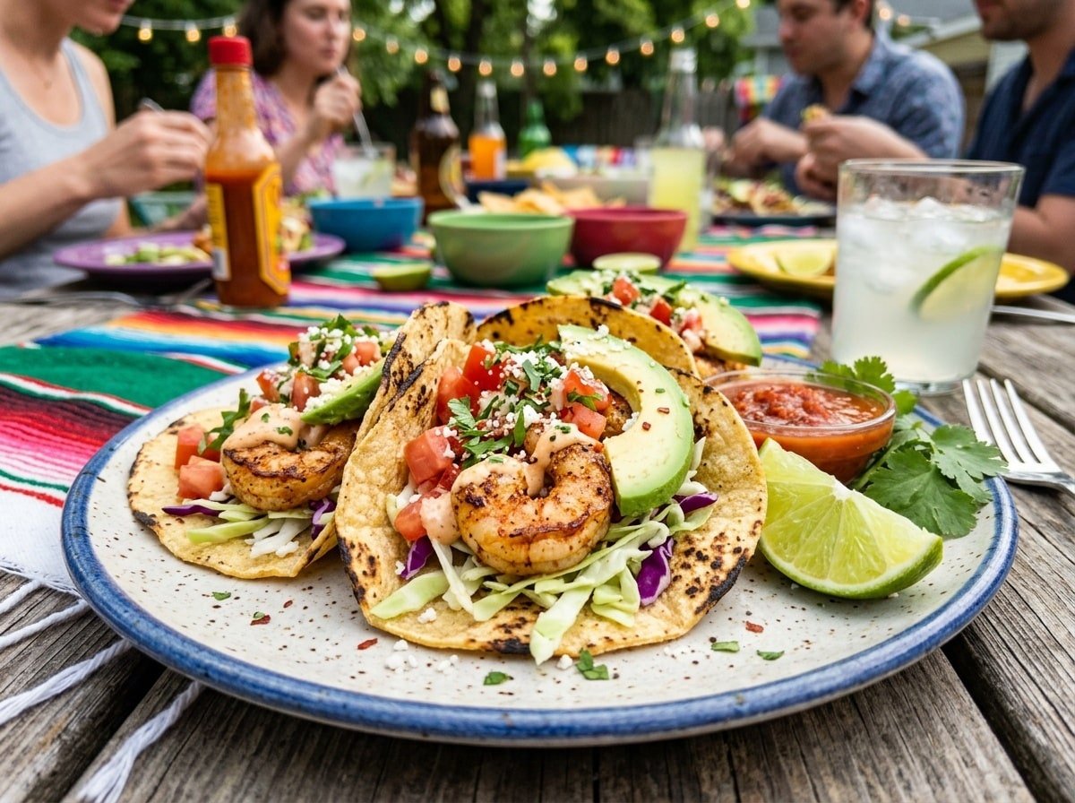 Grilled shrimp tacos with cabbage, tomatoes, and avocado on a plate in a festive outdoor setting.