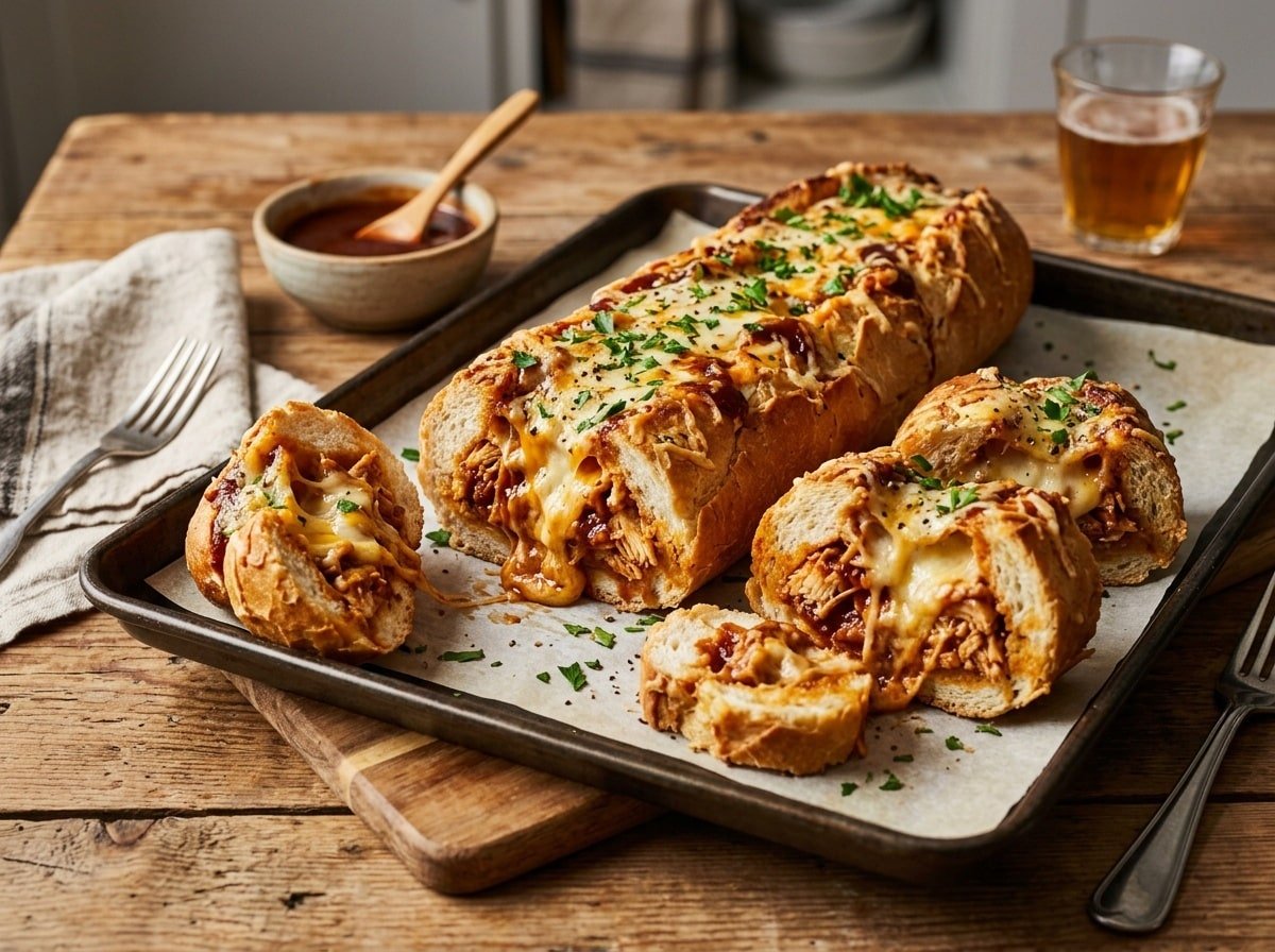 BBQ Chicken Stuffed French Bread topped with melted cheese and garnished with parsley, served on a wooden table.
