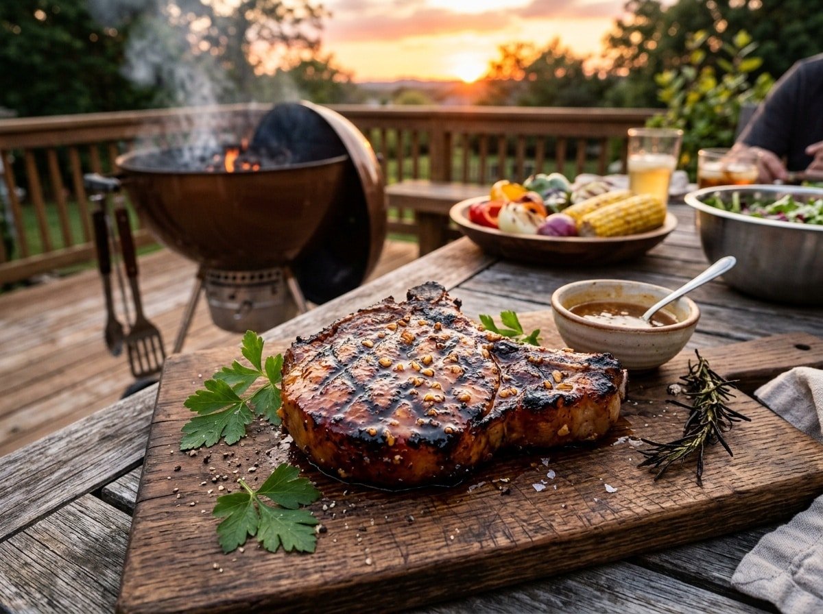 Grilled honey garlic pork chop on a wooden board, garnished with parsley, with a backyard BBQ setting in the background.
