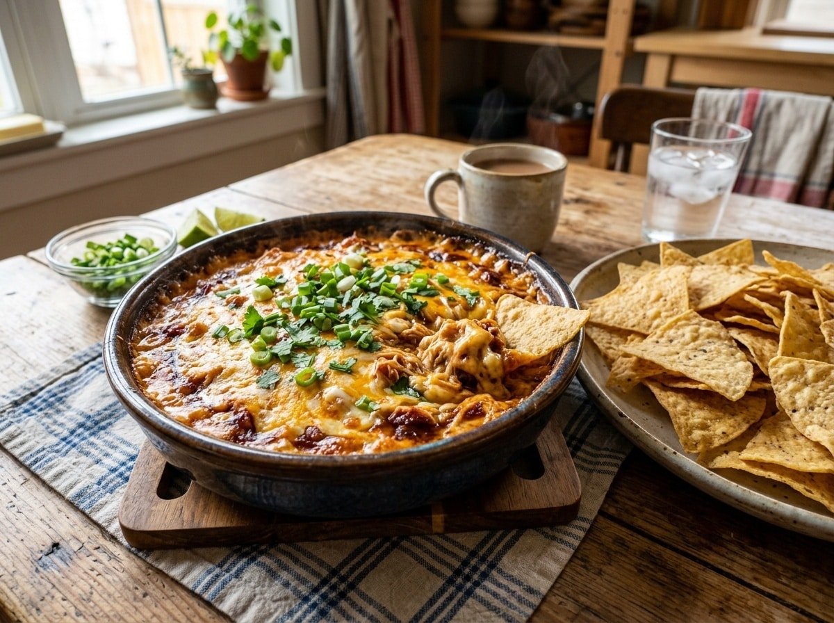 BBQ Chicken Stuffed Queso Dip in a baking dish, garnished with green onions, served with tortilla chips.